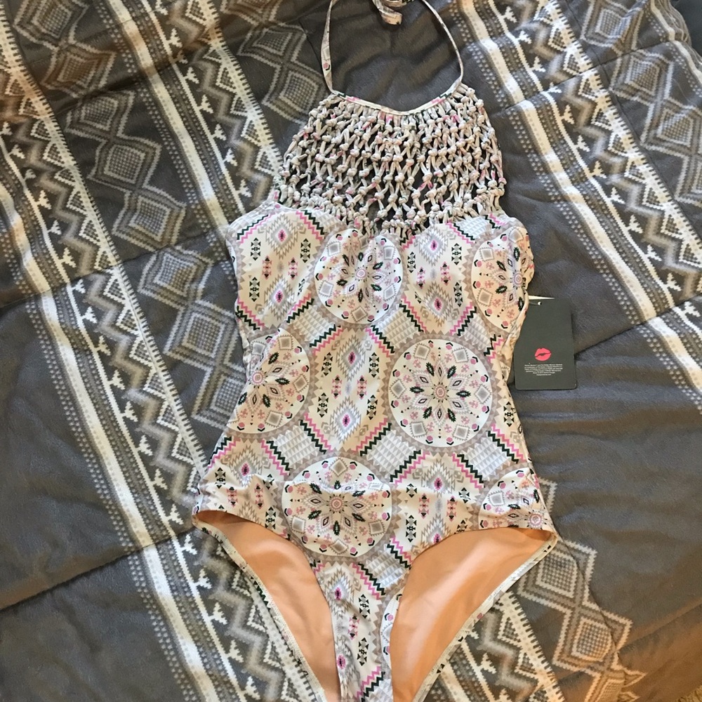 Crochet detail high neck one piece swimsuit